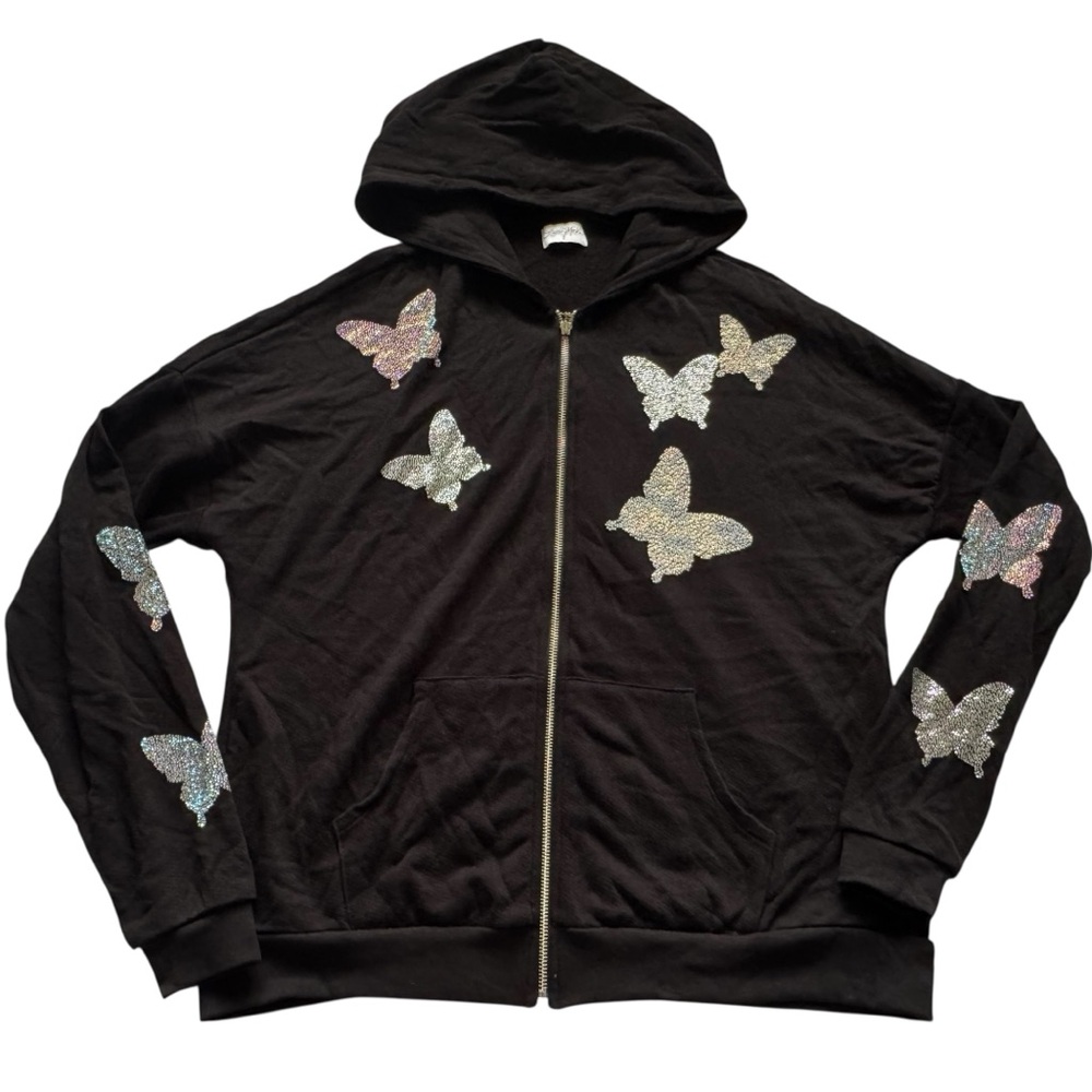 Lauren Moshi Koa Crystal Opal Butterfly Embellished Zip Black Hoodie Size Large - Picture 7 of 13